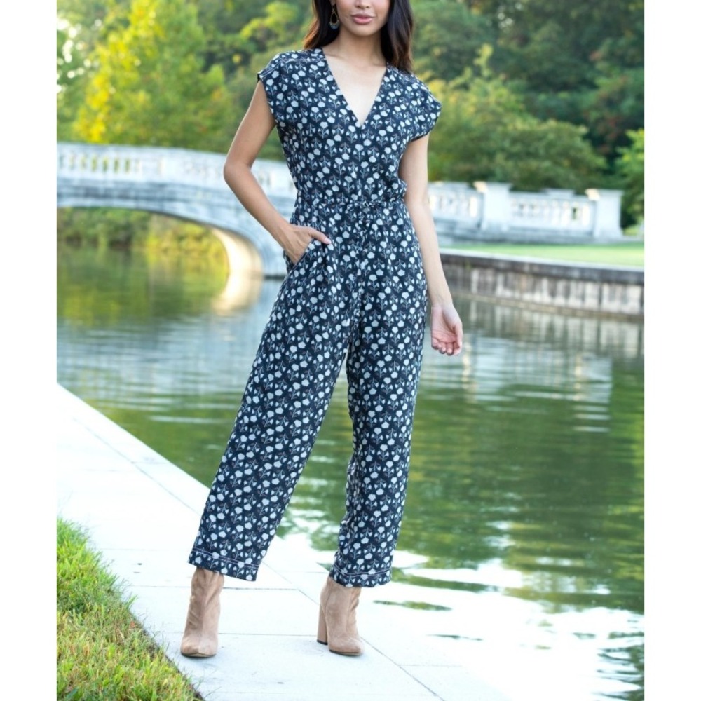 Rungolee Womens Size S Nicole Silk V-Neck Lined Blue Floral Jumpsuit $369 NEW